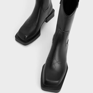 SOLD: Charles & Keith Black Stitch Black Square Toe Western Boots